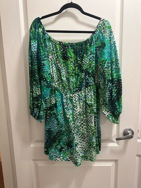Plenty by Tracy Reese Green and Teal Abstract Off-Shoulder Romper